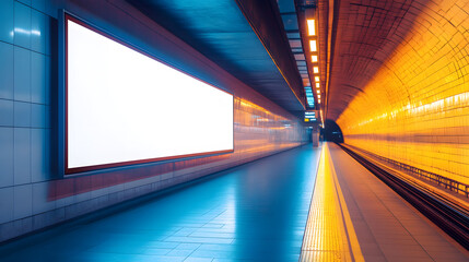 Empty Subway Station Tunnel with Blank Billboard