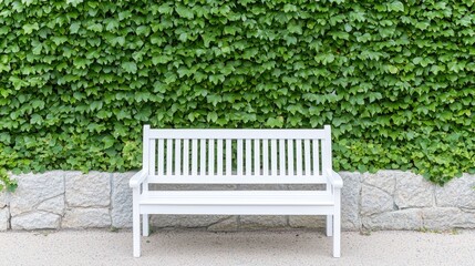 White park bench, green ivy wall, outdoor seating