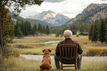 Retired old man sitting on a wooden chair next to his boxer dog, looking towards a beautiful landscape.
