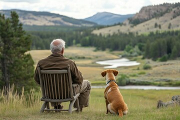 Retired old man sitting on a wooden chair next to his boxer dog, looking towards a beautiful landscape.