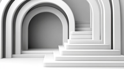 Fototapeta premium A minimalist design featuring white arches and steps, creating a modern, geometrical look with soft shadows.