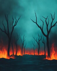 A dramatic depiction of a forest fire with dark trees and flames in a surreal landscape.