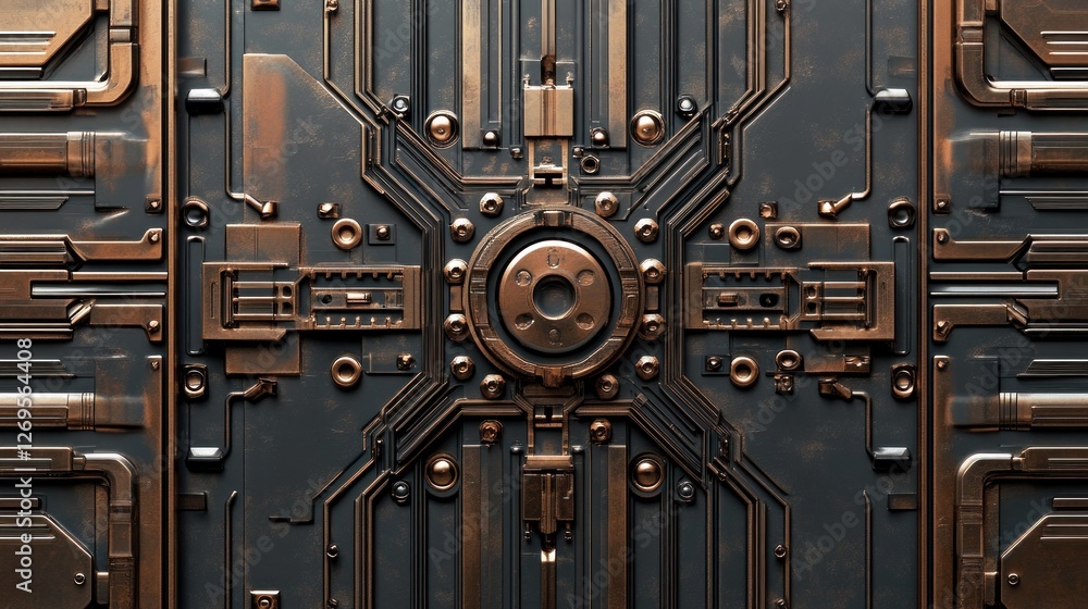 Poster abstract metallic panel design featuring intricate copper and gray components