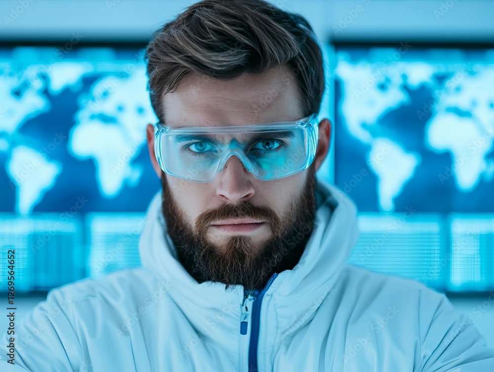 Poster a focused scientist with blue glasses, analyzing data in a modern lab environment.
