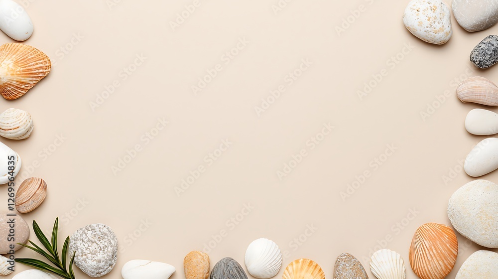 Poster a serene arrangement of various seashells and pebbles framing a neutral background, creating a calmi