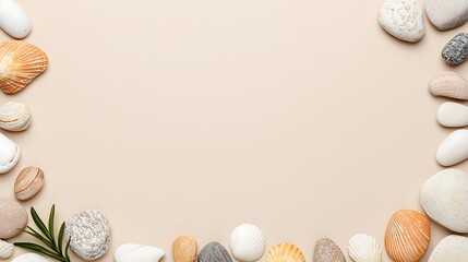 Obraz premium A serene arrangement of various seashells and pebbles framing a neutral background, creating a calming, natural aesthetic.