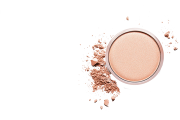Bronzer compact with warm earthy tones revealing texture on a white surface
