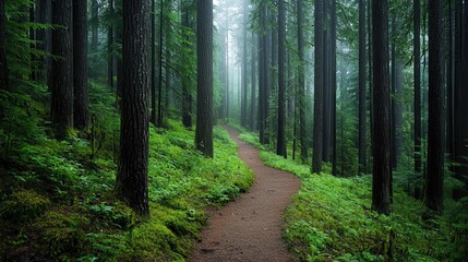 Fototapeta premium Exploring serene forest trail in lush green environment nature peaceful viewpoint outdoor adventure