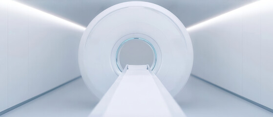 A sleek, modern MRI machine in a minimalist, brightly lit room, emphasizing a clean and sterile medical environment.