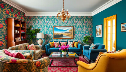 Elegant living room design featuring bold colors, intricate wallpaper patterns, eclectic furniture, and decorative accents. Sunlight illuminates this sophisticated space filled with style and characte