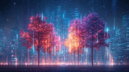 Fototapeta premium A surreal scene featuring glowing trees amidst a futuristic cityscape.