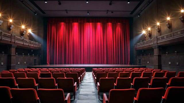 Empty Stage, Red Curtain:  An empty theatre stage, bathed in the soft glow of stage lights, awaits the next act. The red velvet curtain hangs in anticipation.