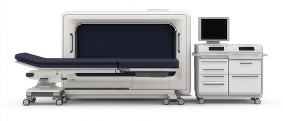 A sleek medical imaging machine with a patient bed and control panel, designed for advanced diagnostic procedures in healthcare settings.
