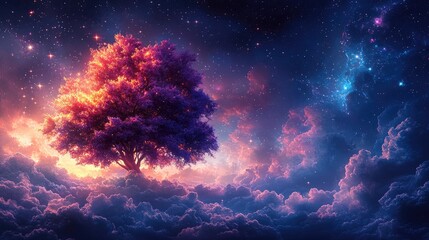 A vibrant tree stands amidst colorful cosmic clouds, evoking a sense of wonder and tranquility.