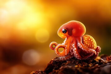 Fototapeta premium A vibrant orange octopus sits gracefully, showcasing its intricate patterns and lively personality against a warm, glowing background.