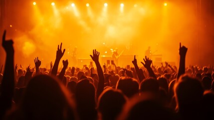 Crowd raising hands and cheering at concert with orange stage lights