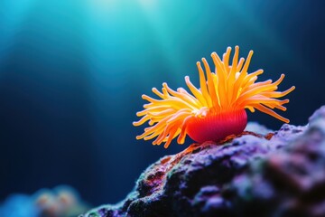 A vibrant orange sea anemone gracefully blooms amidst coral formations, showcasing the beauty of underwater ecosystems.
