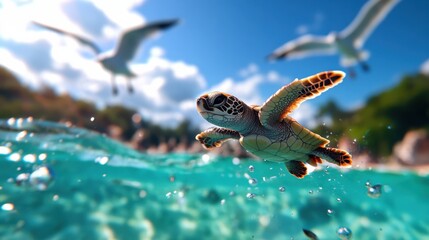 A young sea turtle glides through crystal clear water, captivating the beauty of marine life with birds soaring above.