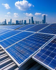 Obraz premium Modern solar panels on rooftops with city skyline and clouds in the background.
