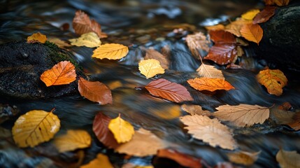 Autumn leaves flowing in forest stream