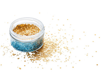 Sparkling jar of loose glitter in gold and silver on a bright white background