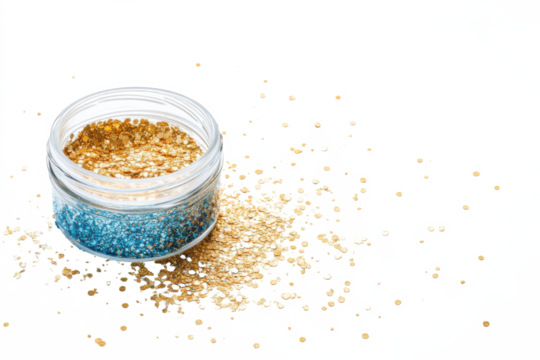 Sparkling jar of loose glitter in gold and silver on a bright white background