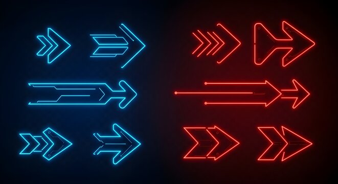 Conjunto de flechas luminosas de ne&oacute;n futuristas con fondo transparente