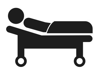 A black and white icon of a patient lying on a hospital bed, symbolizing medical care hospitalization recovery and healthcare treatment.
