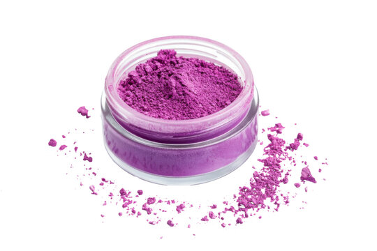 Luxurious loose pigment eyeshadow jar with scattered powder on white background