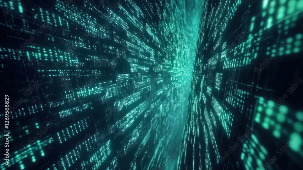 Poster Digital matrix shows lines of glowing teal data streams