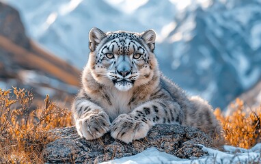 Naklejka premium Majestic snow leopard resting on a rock in a snowy mountain range.