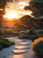 Japanese Garden Bonsai Tree Sunset
