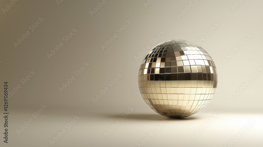 Poster shiny disco ball reflecting light on a smooth surface in a minimalist setting