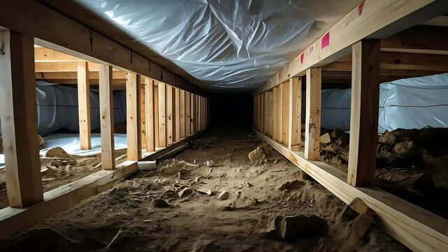 Wooden crawl space under a house with exposed dirt floor and foundation support beams