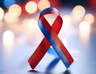Red and blue ribbon symbolizing international firefighters day with bokeh lights