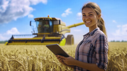 Modern Farming:  A young woman, beaming with pride, stands in a golden wheat field, holding a tablet while a combine harvester works in the background.