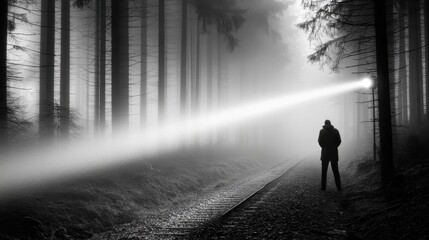 Solitary Figure in Dark Tunnel with Light Beam Piercing Foggy Forest