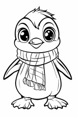Cute Cartoon Penguin Wearing Scarf Black and White Line Art