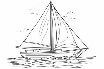 Sailing Boat Outline on Water with Birds for Coloring Book