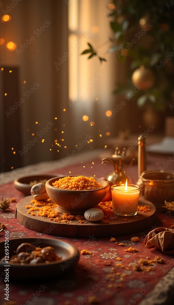 Poster generative ai image, warm and cozy festive table setting with candlelight