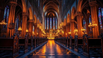 Fototapeta premium Stunning Dimly Lit Cathedral Interior with Tall Stained Glass Windows