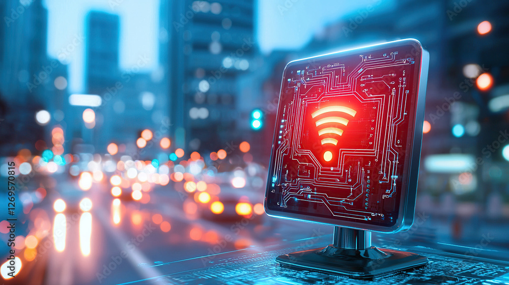 Poster futuristic digital display with glowing red wi-fi symbol in a smart city network, digital display wi