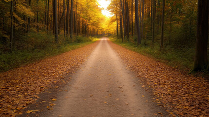 Fototapeta premium serene forest path lined with autumn leaves, surrounded by vibrant trees. warm colors of fall create peaceful atmosphere, inviting exploration and reflection