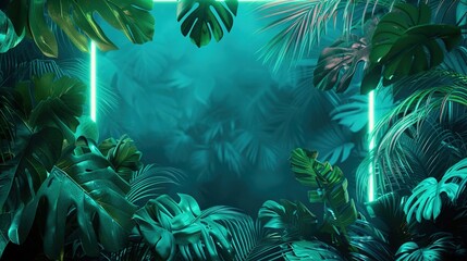 Vibrant Green and Blue Neon Lights with Tropical Leaves: A Fusion of Glowing Foliage and Futuristic Botanicals for Modern Design, Neon Art Installations, and Tropical-Themed Branding with Lush Greener
