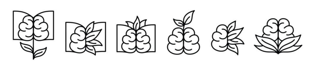 Logo set features a collection of minimalist icons combining elements of books, brains, leaves. 