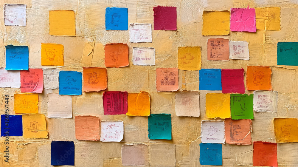 Poster colorful abstract art featuring textured squares in various shades and sizes, creating vibrant and d