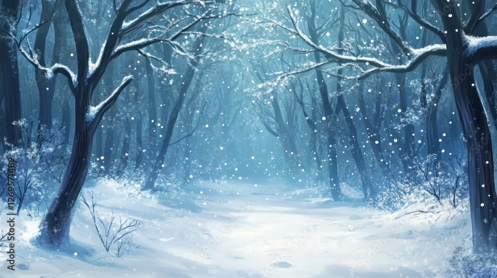 Poster a serene snowy forest path covered in a blanket of snow
