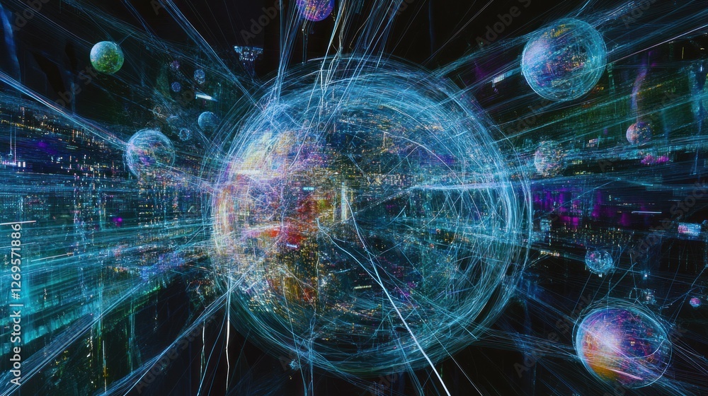 Poster abstract representation of networked cities and celestial bodies interconnected