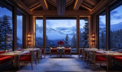 Fototapeta premium Winter lodge restaurant overlooking snow covered mountain range.