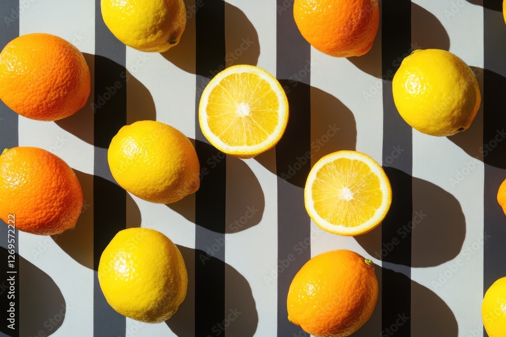 Poster whole and halved lemons and oranges arranged on striped background in a repeating pattern.